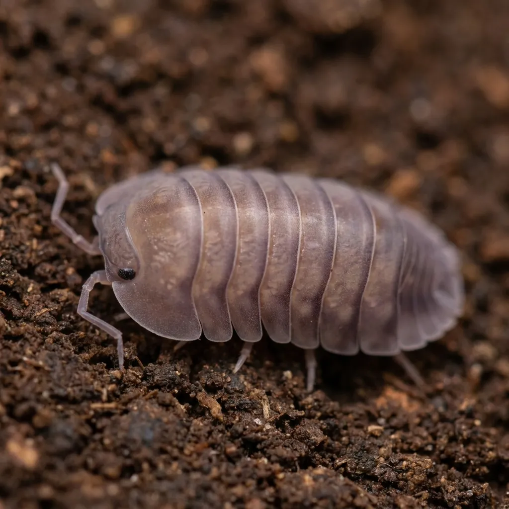 Nesodillo arcangelii Purple Ghost isopods on moss and bark in a humid terrarium setup