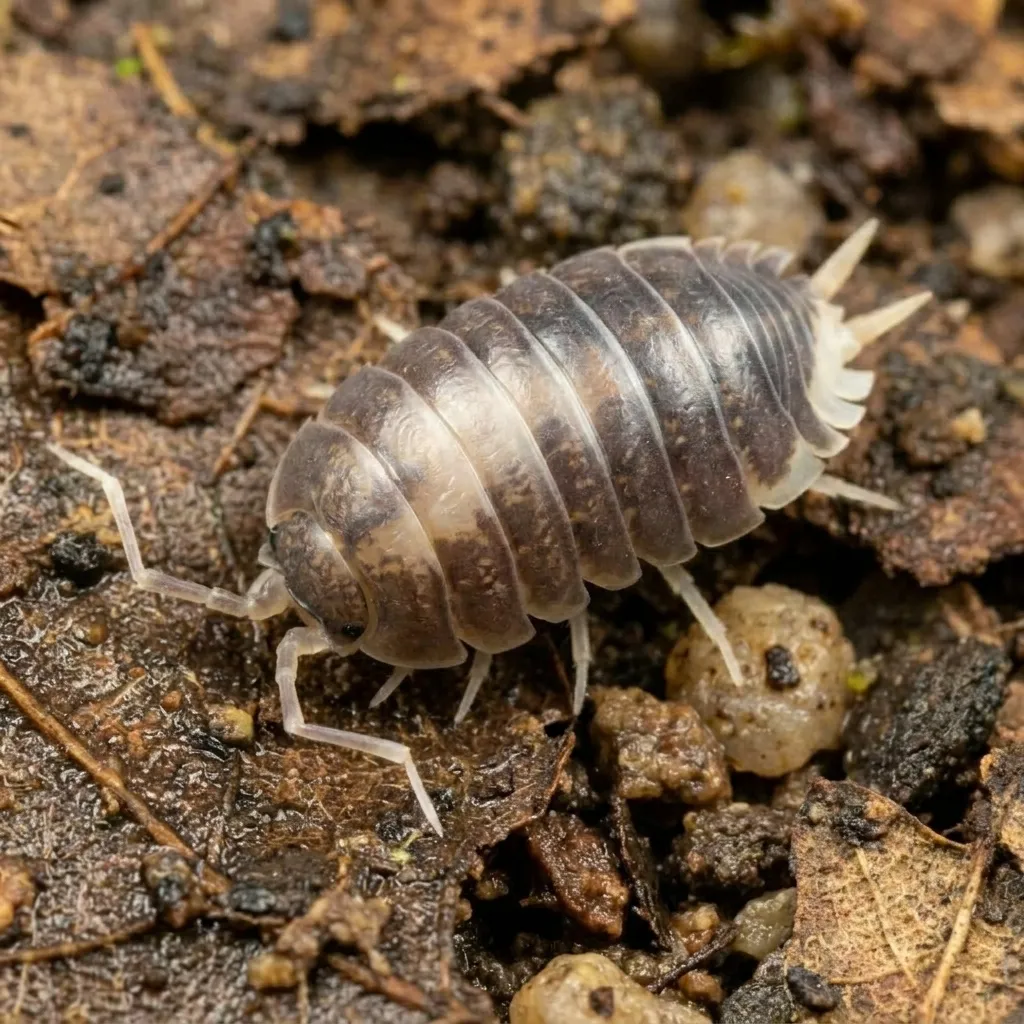 Porcellio laevis Milkback isopods on bark and moss in a bioactive terrarium setup