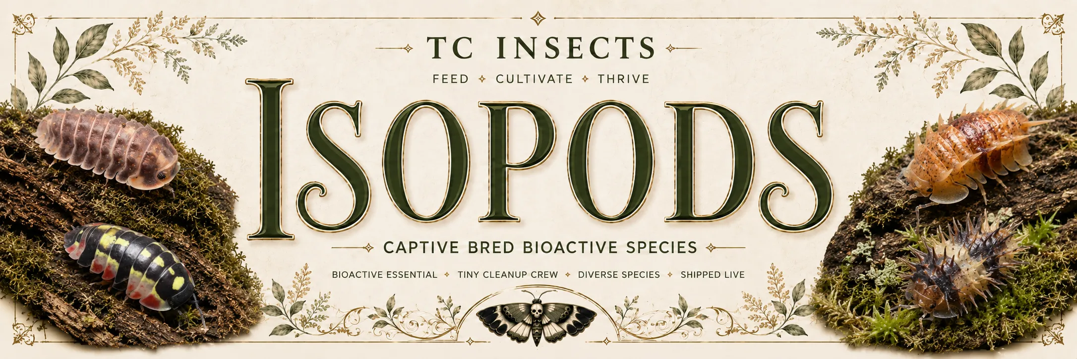 Live isopods from TC INSECTS in a bioactive terrarium banner featuring hobby isopod species