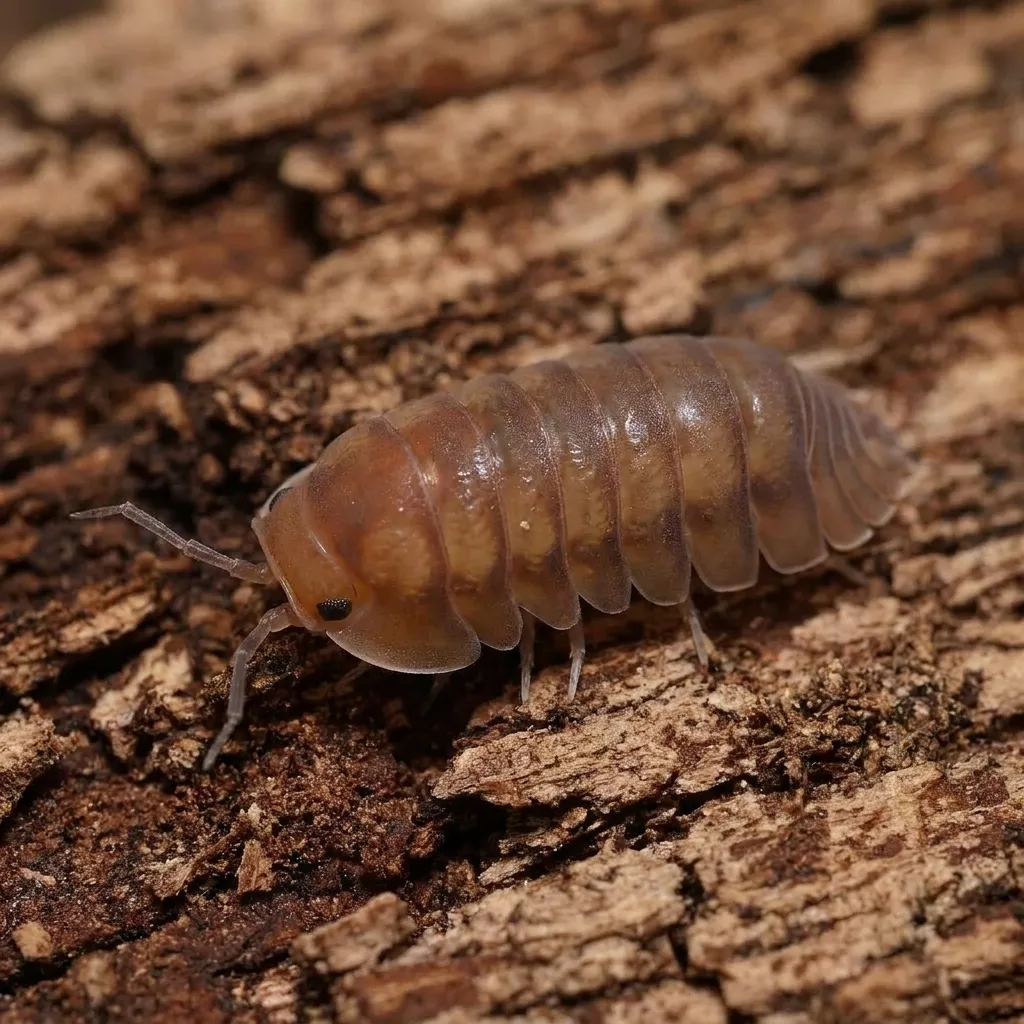 Cubaris sp. Cute Honey Tigers isopods on moss and bark in a humid terrarium setup