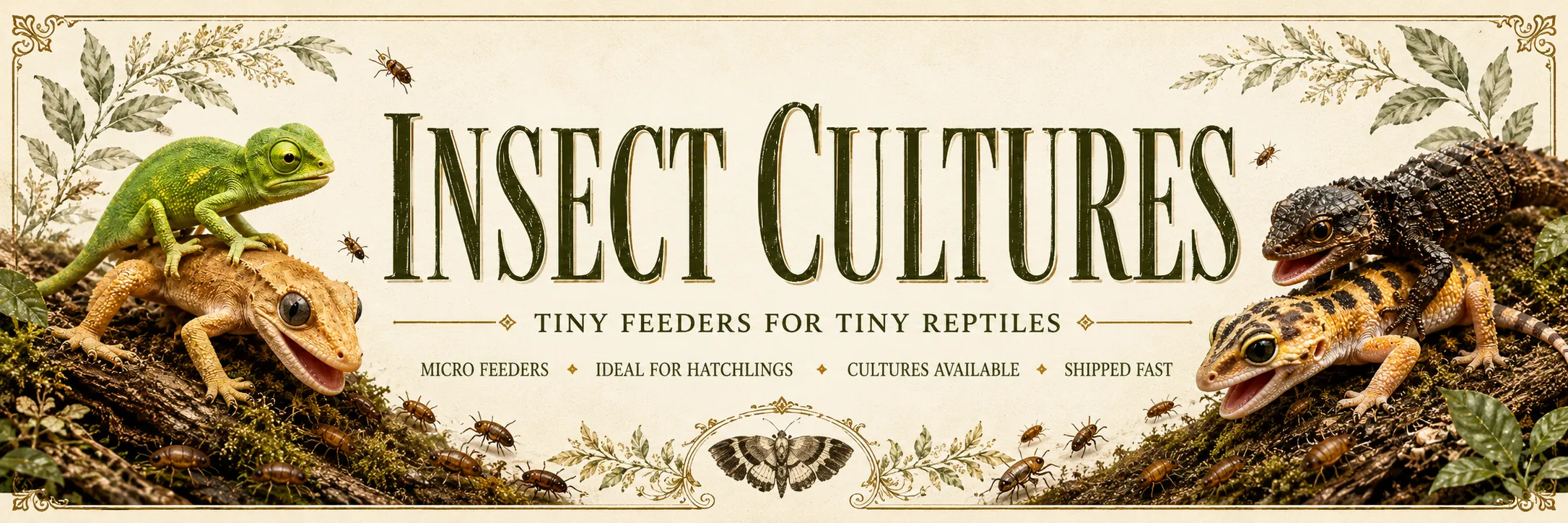 Insect cultures banner from TC INSECTS showing tiny feeder insects for tiny reptiles