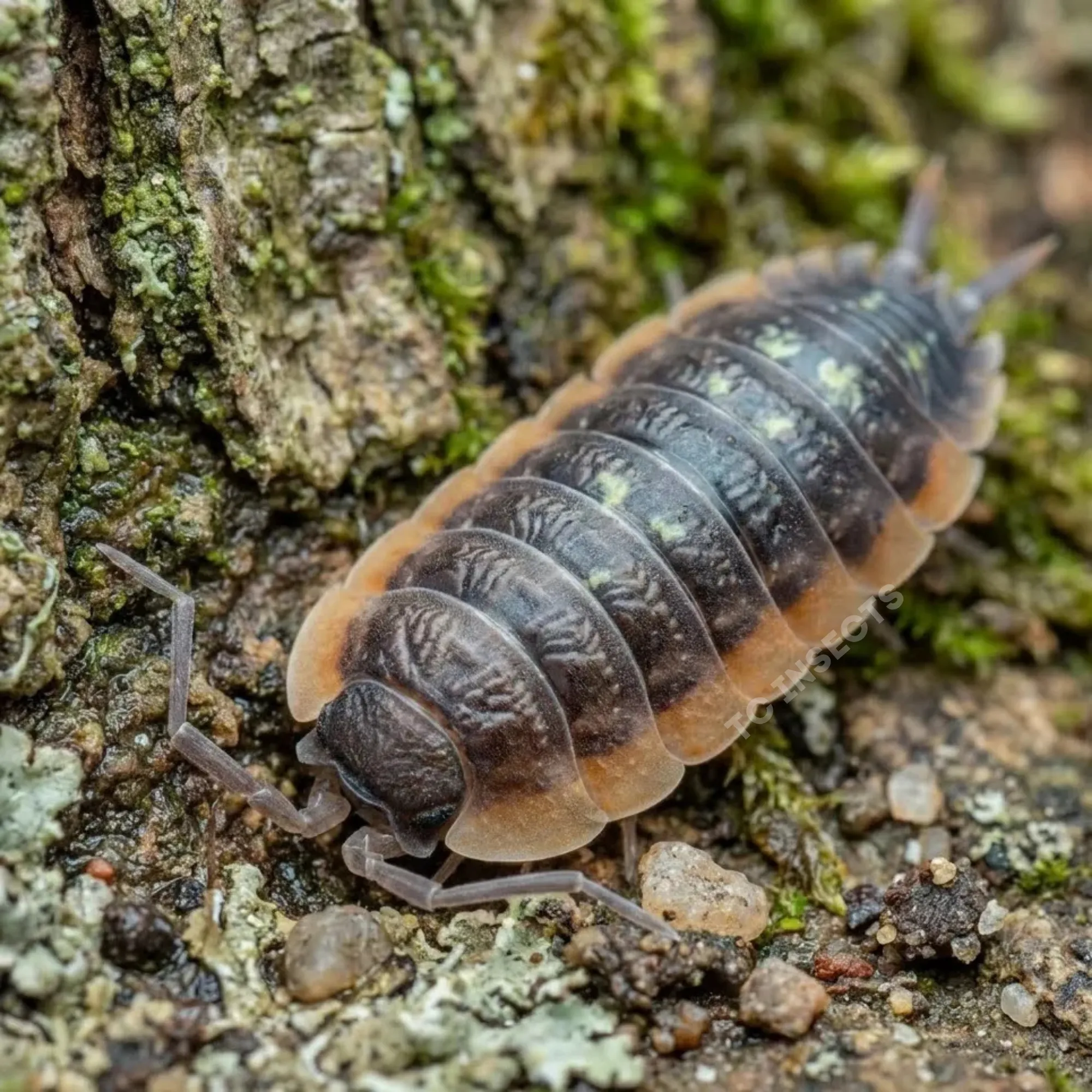 Porcellio duboscqui troglophila isopods on bark with leaf litter