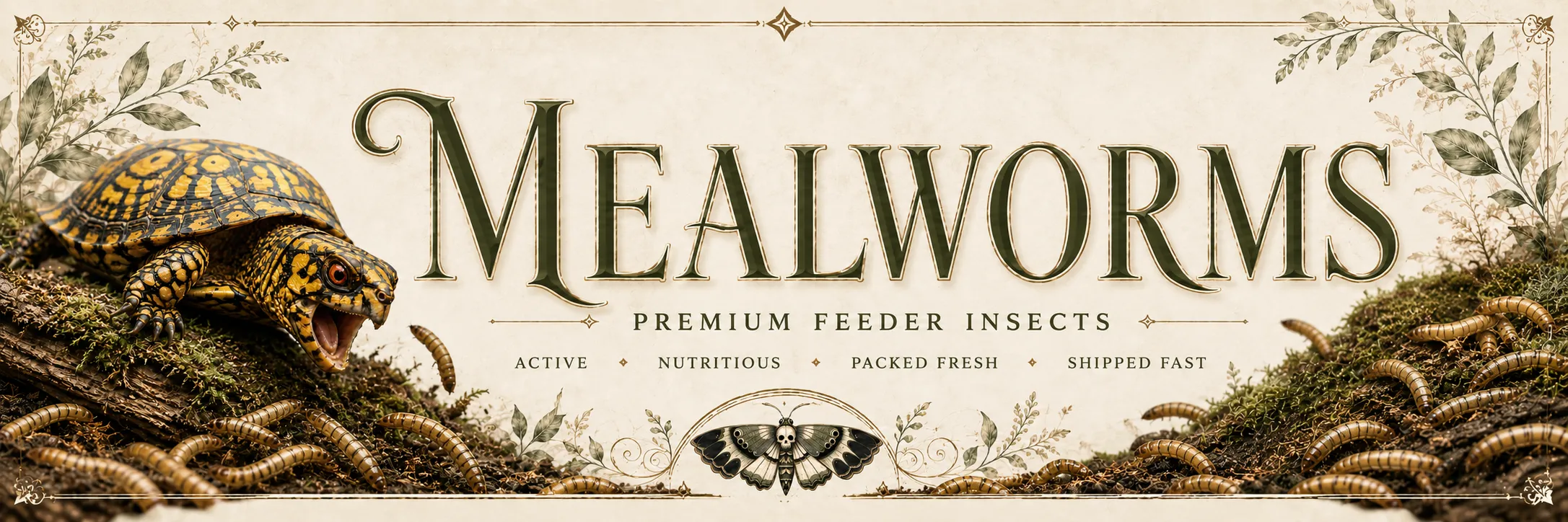 Live mealworms from TC INSECTS in a reptile feeder banner with a box turtle hunting mealworms