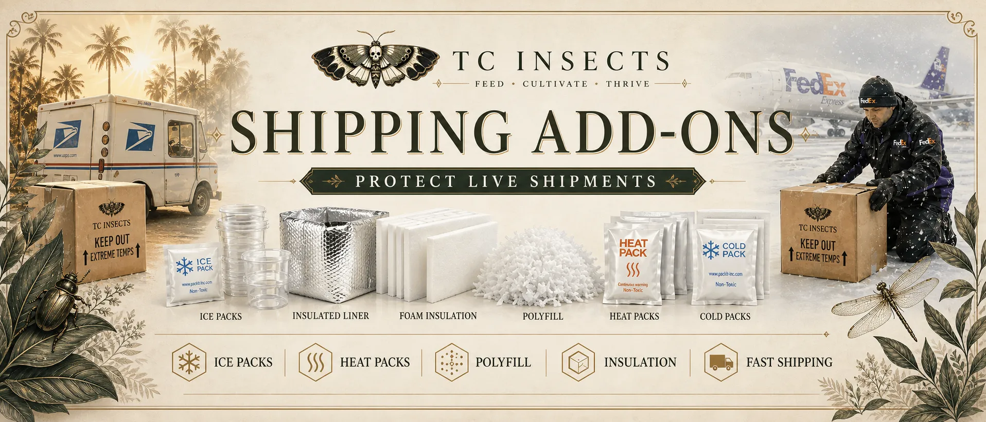 Shipping add-ons banner for TC Insects with live insect supplies, packing options, and order extras.