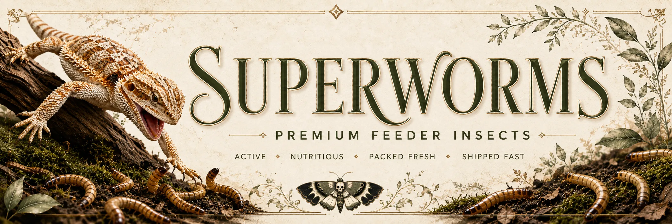 Super-worms Live superworms from TC INSECTS in a reptile feeder banner with a bearded dragon hunting superworms