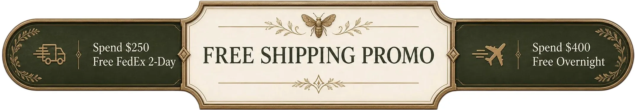 TC Insects free shipping promo banner with cream background, green text, and bronze botanical accents