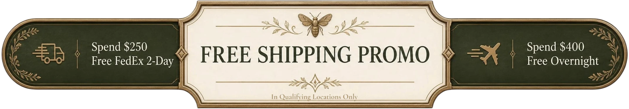 TC Insects free shipping promo banner with cream background, green text, and bronze botanical accents