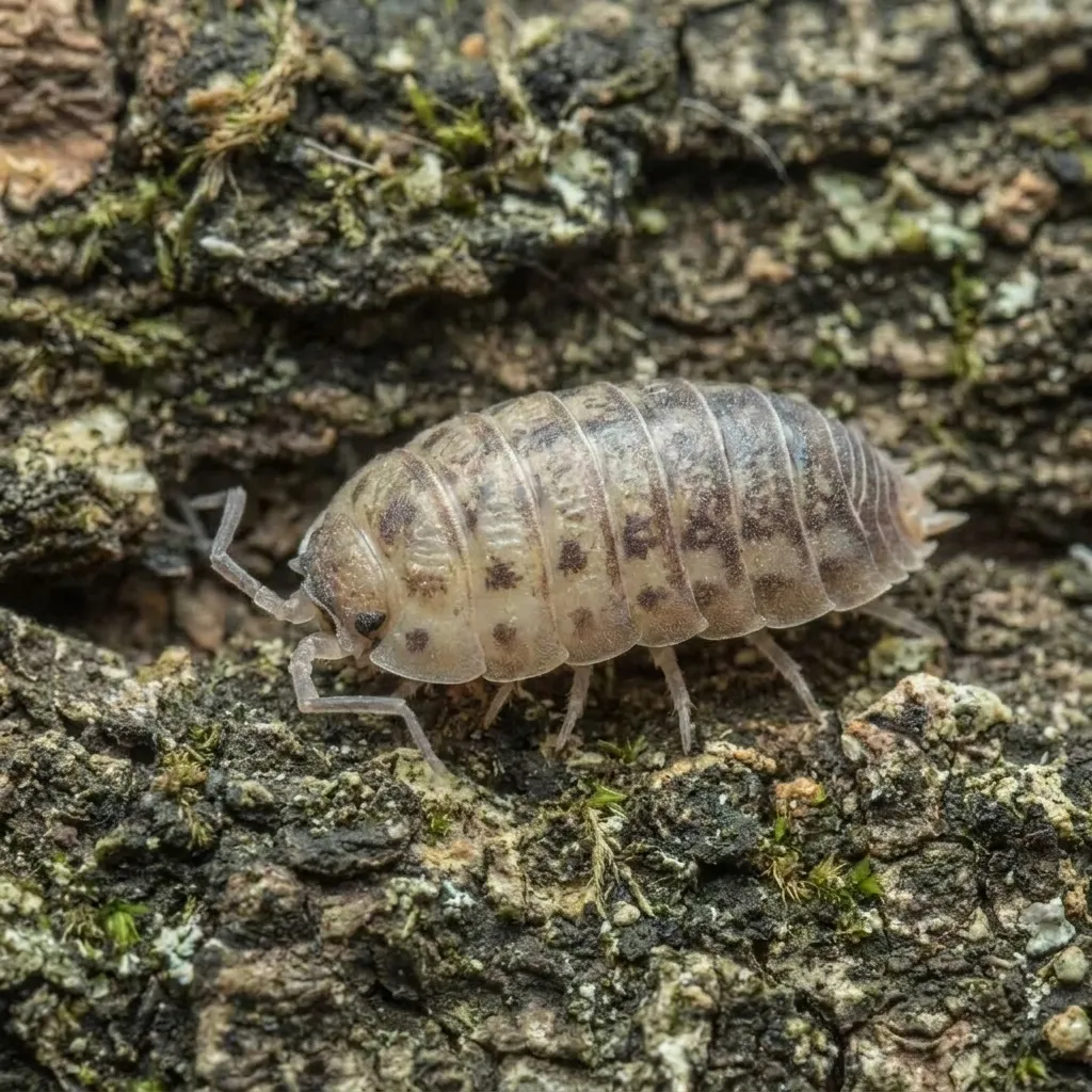 Agabiformius lentus isopods on bark and moss in a bioactive terrarium setup