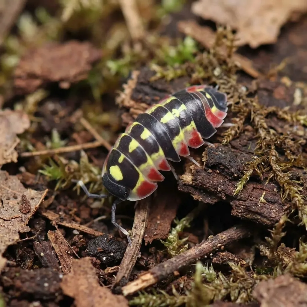 Ardentiella Red Diablo isopods on bark showing red black and yellow markings