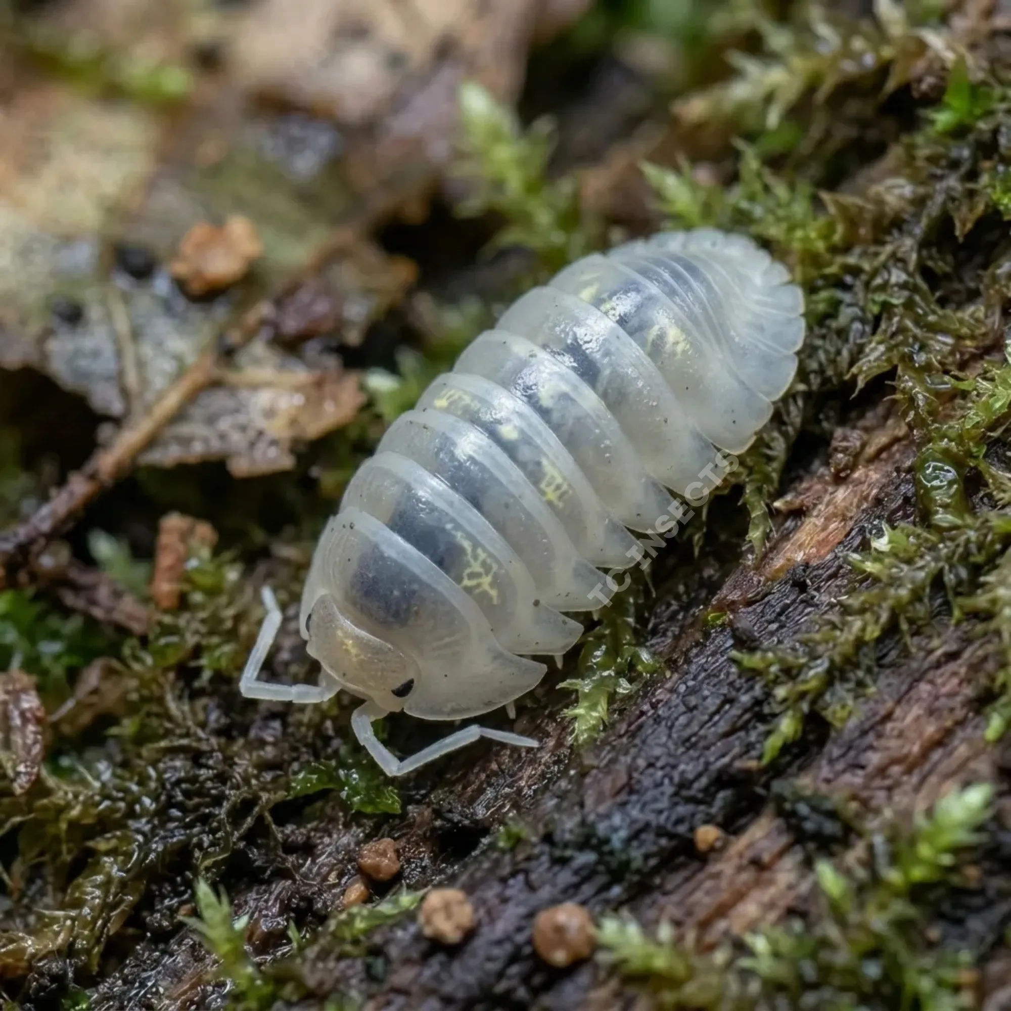 Armadillidium depressum Magic Potion isopods on bark with yellow and white patterning