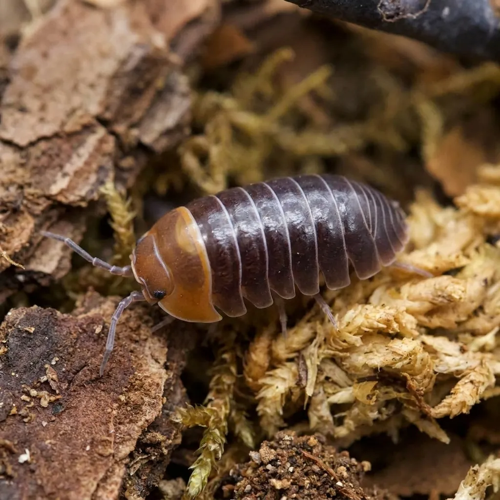 Armadillidium flavoscutatum Red Head isopods on bark and moss in a bioactive terrarium setup
