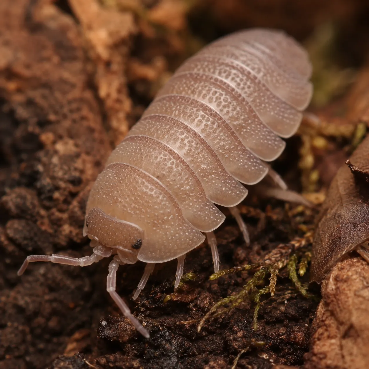 Armadillidium scaberrimum Sandstone isopods on bark and moss in a bioactive terrarium setup