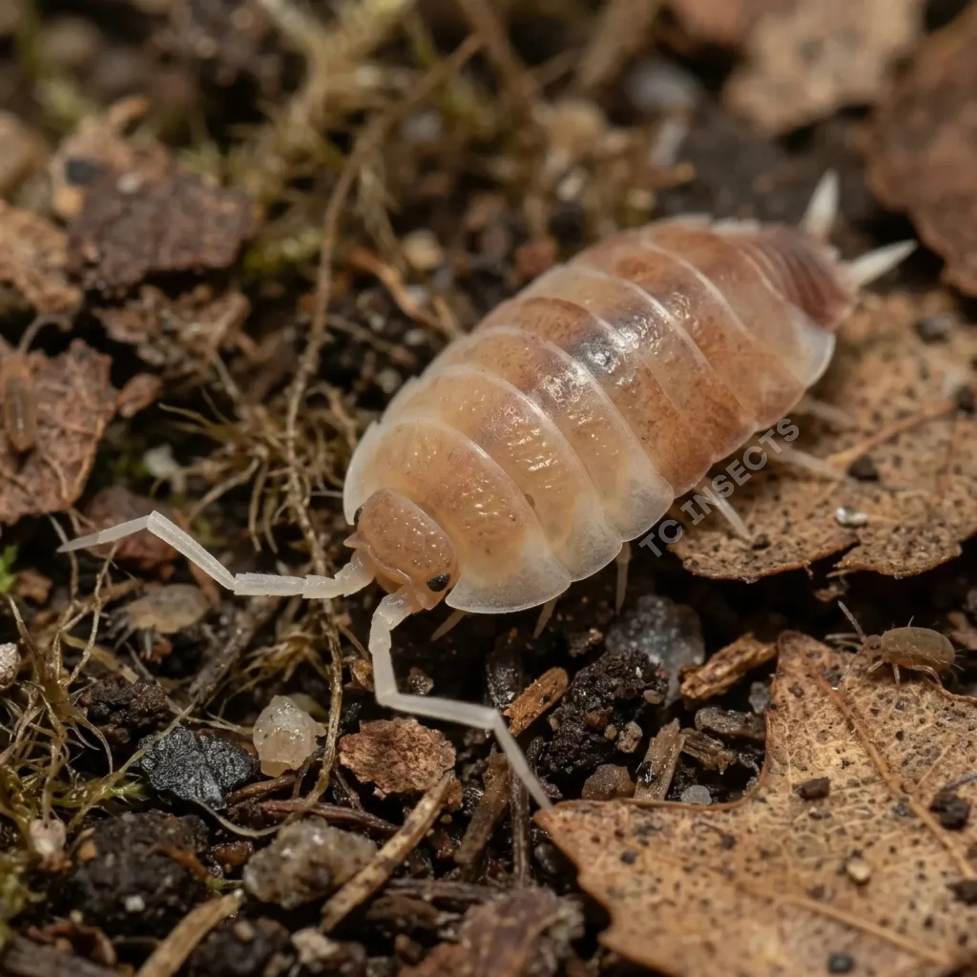 Butter Pecan isopods for sale in a live culture with leaf litter and bark