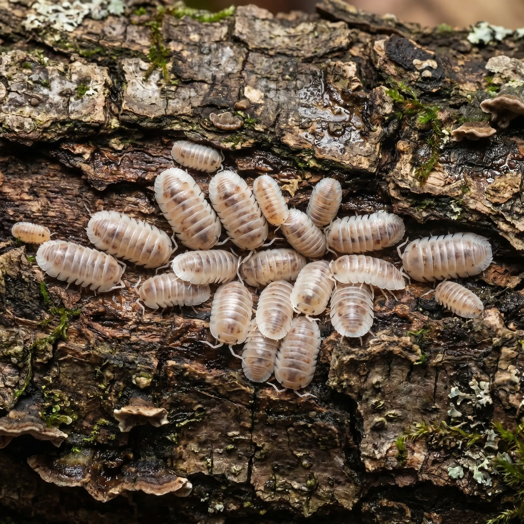 Cubaris murina Pearls isopods on cork bark in a humid terrarium setup