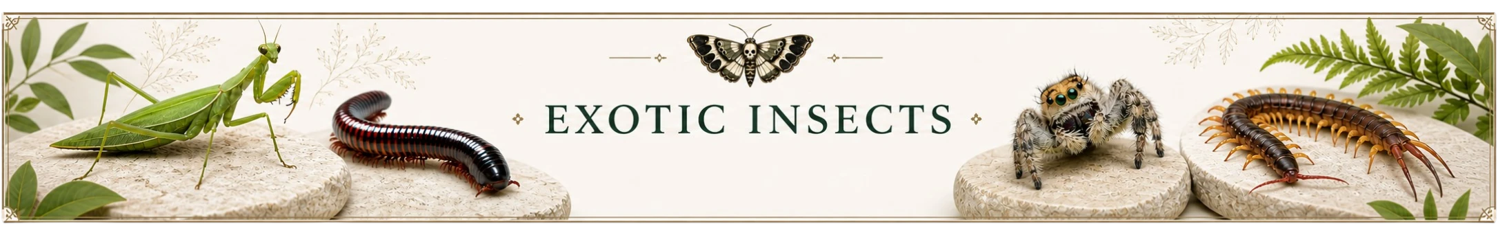 Exotic insects banner for TC Insects featuring rare insects, feeder insects, and unique invertebrate species.