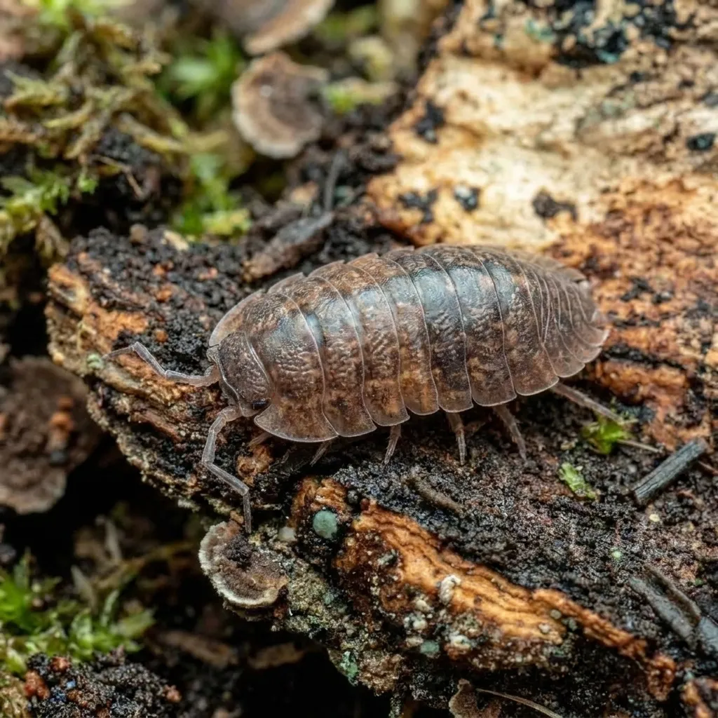 Giant Banahaw isopods on bark and moss in a humid terrarium setup