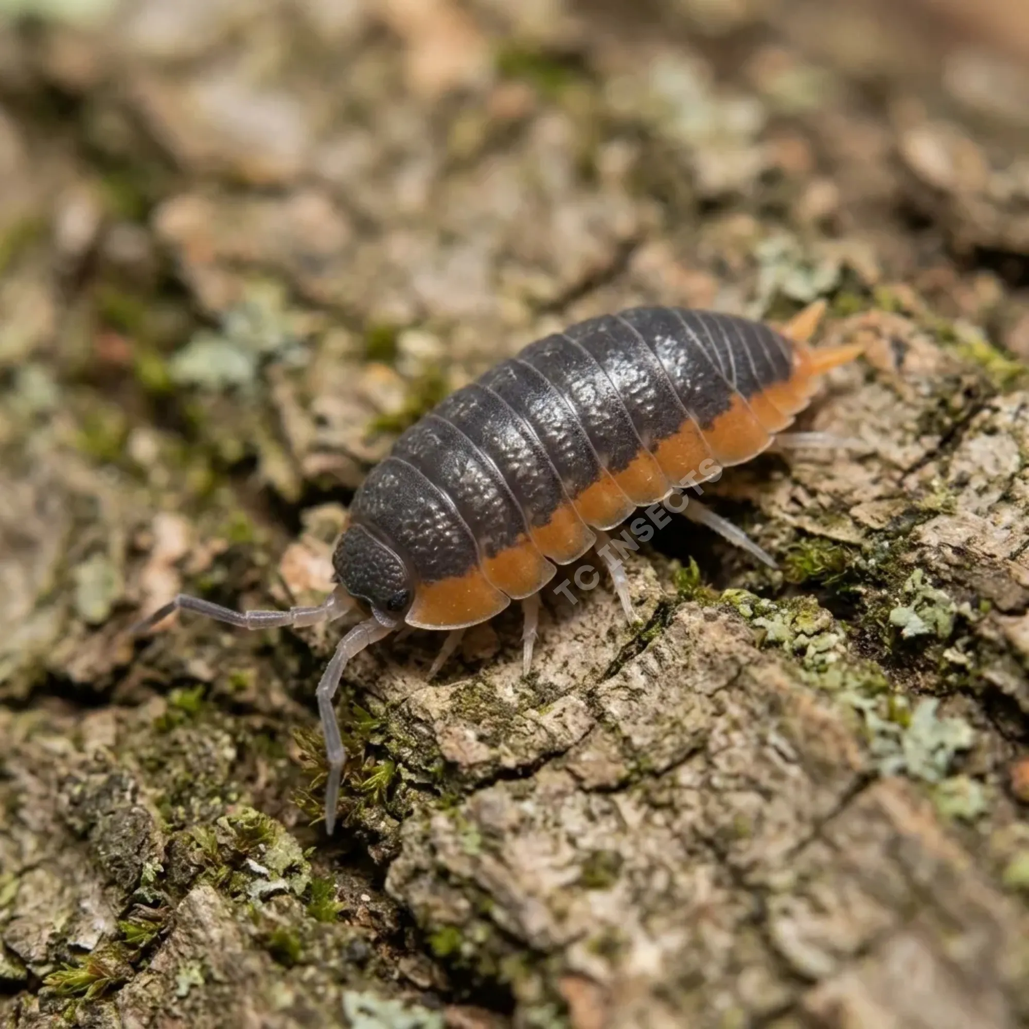 Porcellio sp. Morocco isopod resting on cork bark with leaf litter