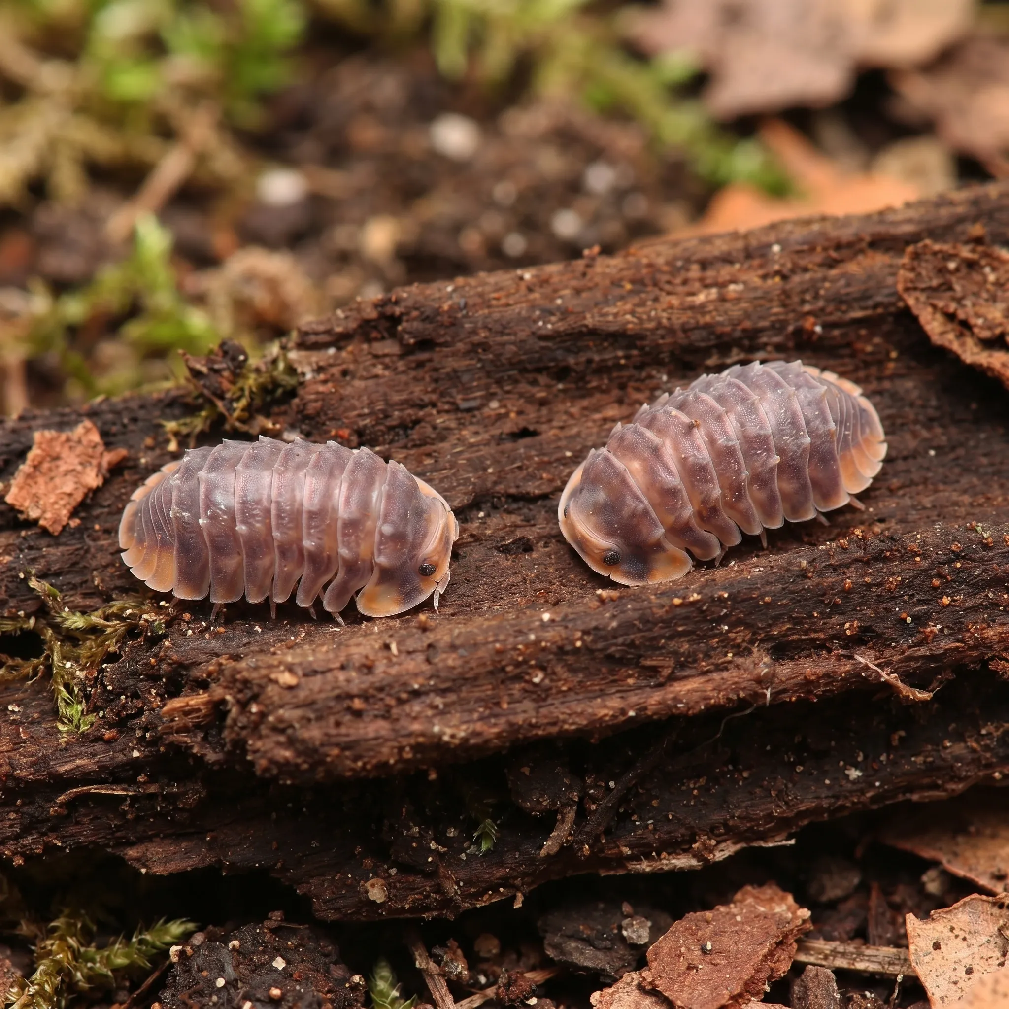 Shiny Gator isopods for sale on moist bark and leaf litter